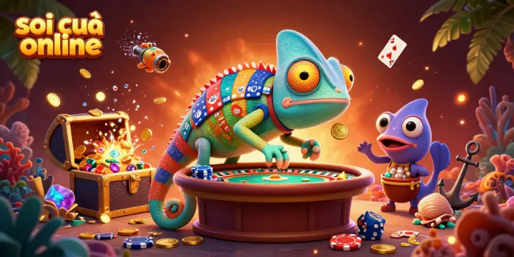 Experience exciting gameplay on soi cầu online with a vibrant chameleon casino owner amid treasure and cards.