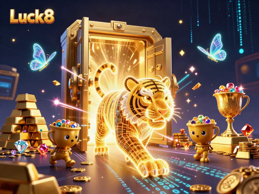 Experience Luck8's vibrant casino scene with a glowing tiger and treasures.