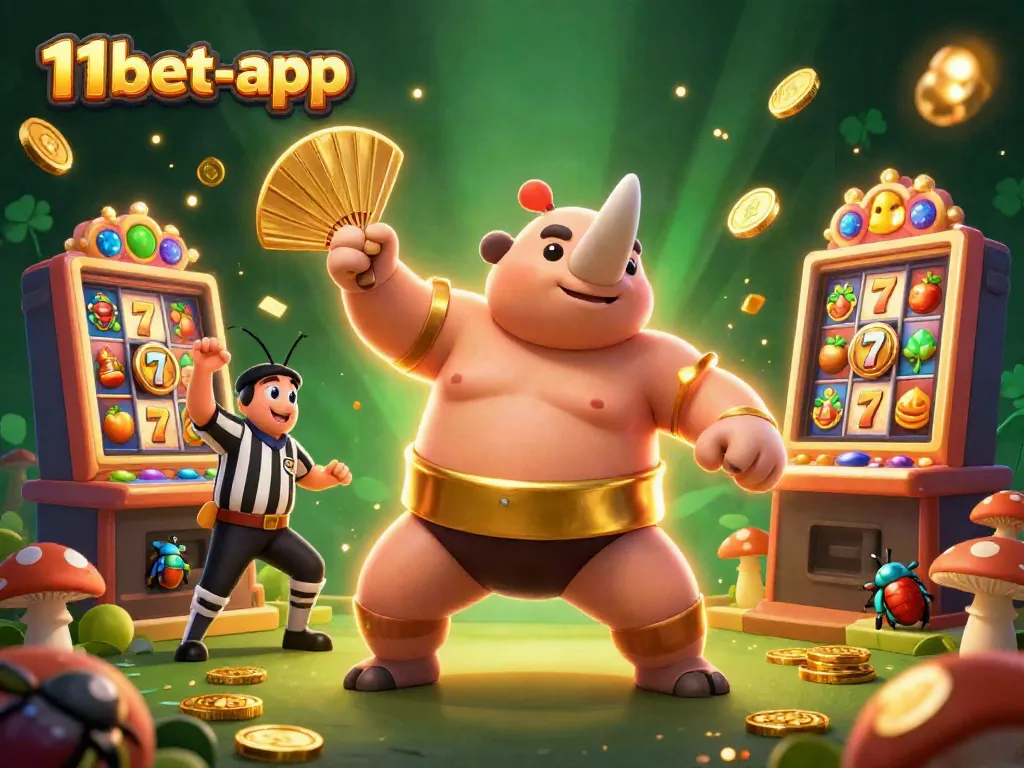 Experience exciting wins at 11bet-app with a vibrant casino-themed scene featuring a beetle champion and entertaining slots.