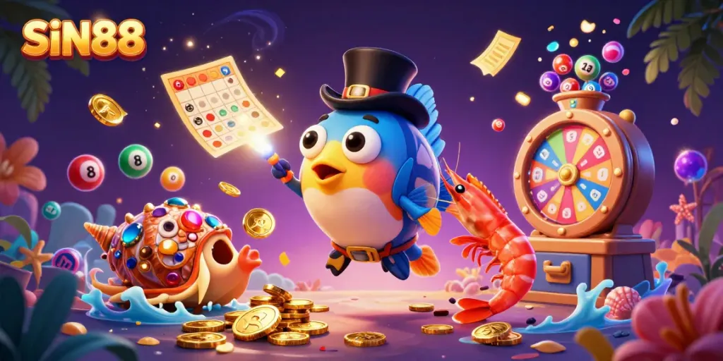 SIN88 attracts golden coins in an engaging underwater casino scene with vibrant game elements.