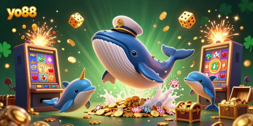 Experience thrilling gaming with yo88, featuring a cartoon whale and playful dolphins amidst a jackpot explosion.