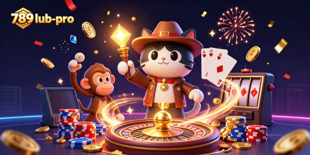 Experience the excitement of 789lub-pro with an archaeologist cat and monkey discovering a golden casino artifact surrounded by games.