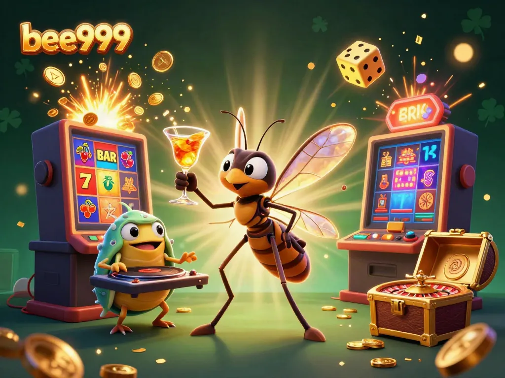 Experience the excitement of bee999 as the frozen mosquito mascot holds a golden cocktail amidst casino adventures.