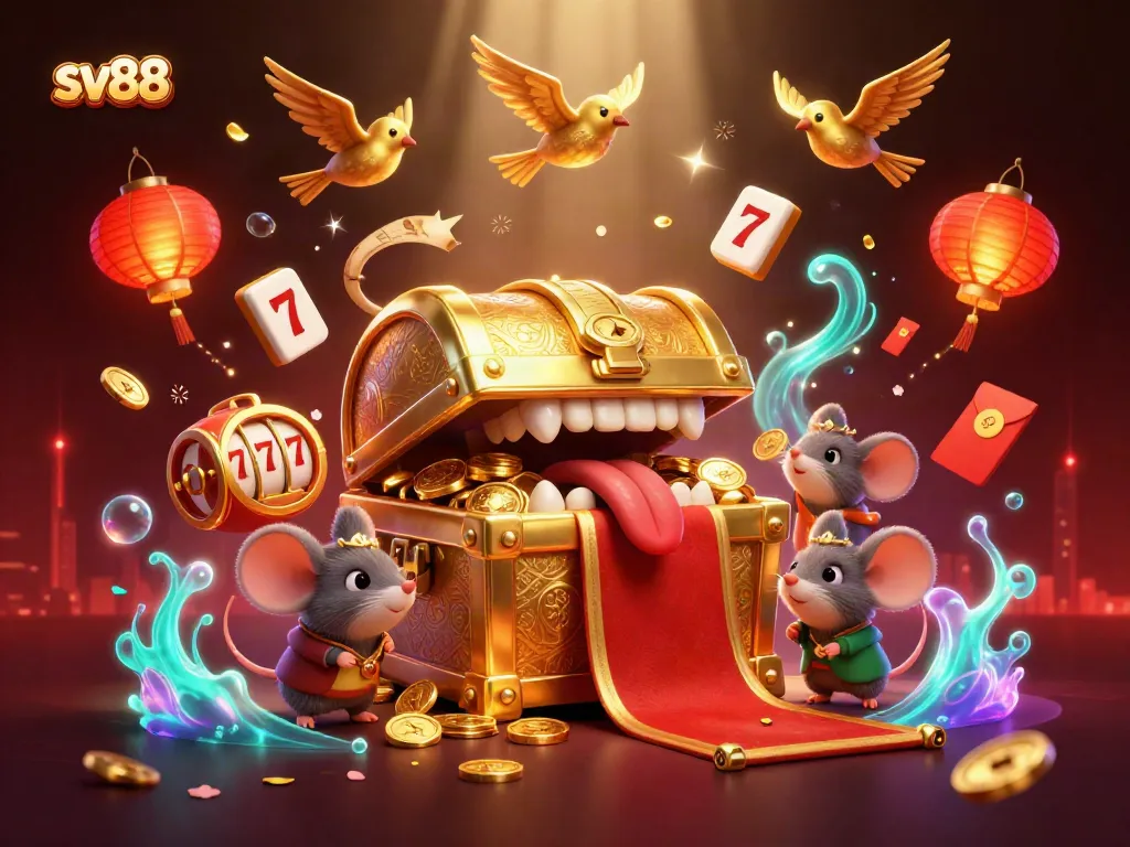 Play interactive slots at sv88 with a cartoon golden treasure chest and vibrant casino symbols.