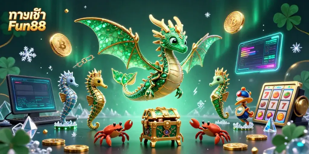 Engage with ทางเข้า Fun88 through a vibrant underwater casino theme featuring a sea dragon and Bitcoin elements.