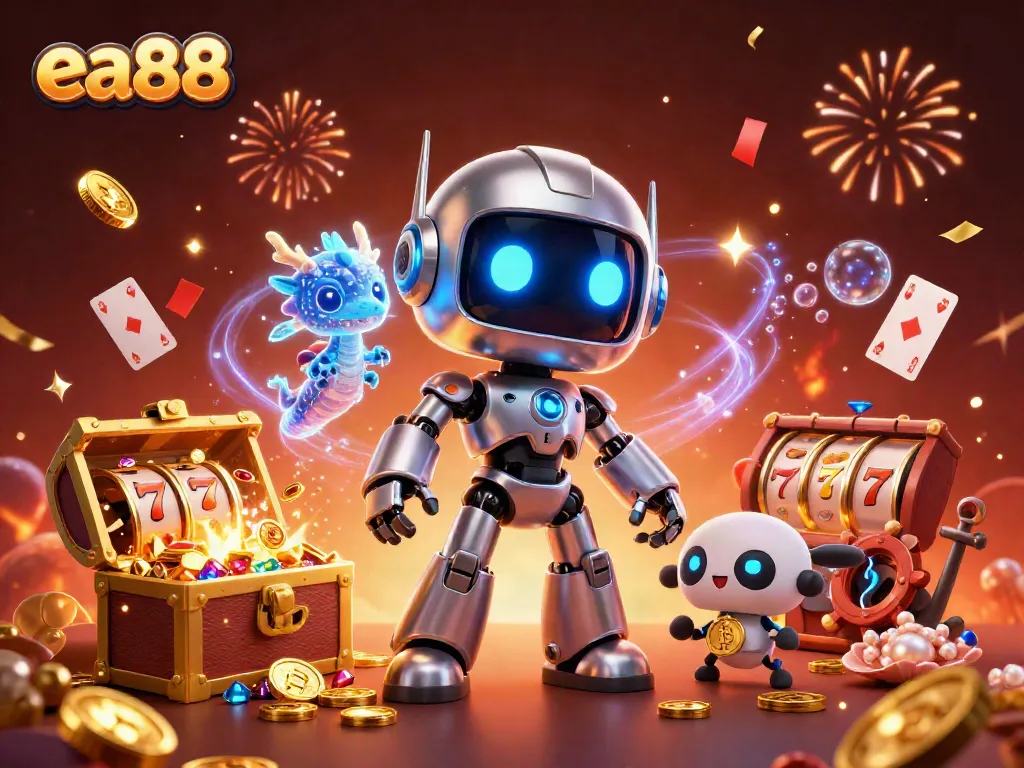 Experience the excitement of ea88 with a vibrant 3D illustration of a cyberpunk robot and game elements.