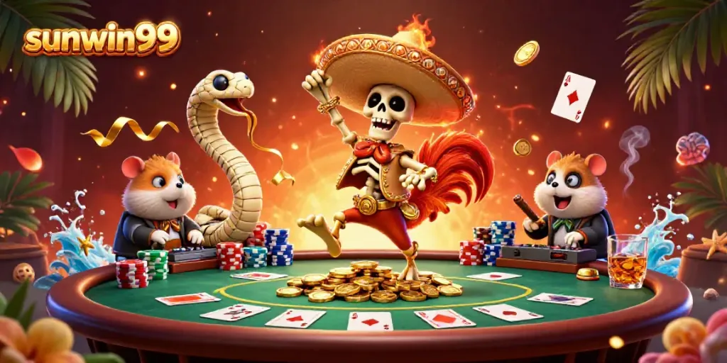 Experience the excitement of sunwin99 as a dancing skeleton rooster celebrates over golden coins!