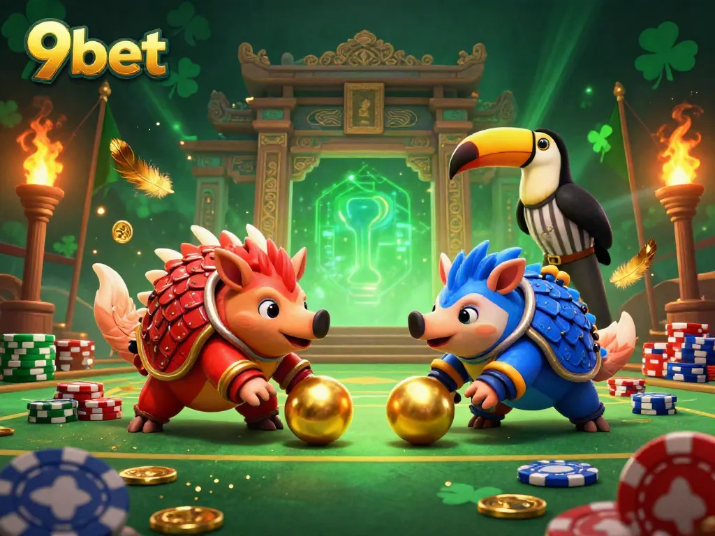 Engage with 9bet's thrilling casino dynamic where rival pangolins compete in a vibrant gambling scene.