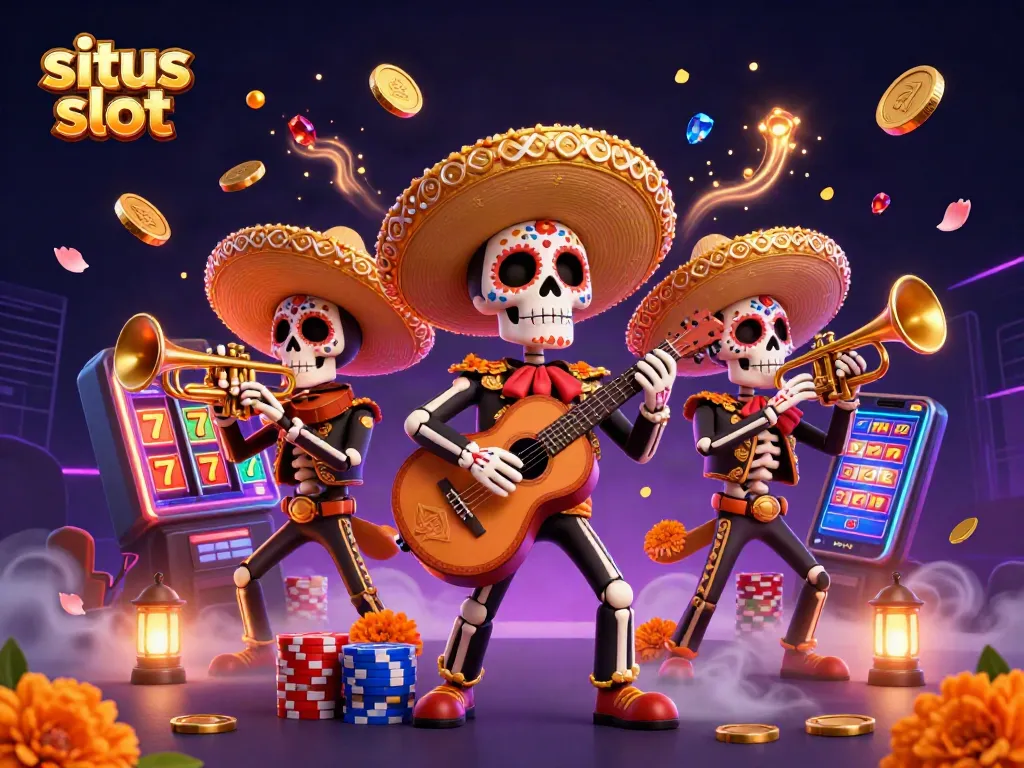 Menangkan permainan situs slot dengan ilustrasi karakter mariachi Hari Orang Mati dan simbol kekayaan kasino.