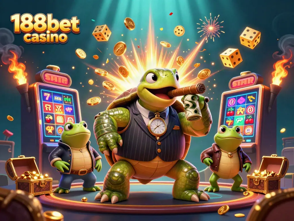 Experience the vibrant 188bet casino atmosphere with a dynamic 3D scene featuring a snapping turtle and bullfrogs.