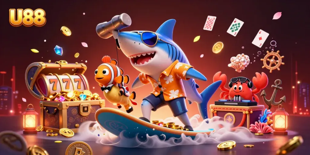 U88 casino illustration featuring vibrant characters in a dynamic ocean of gold coins.