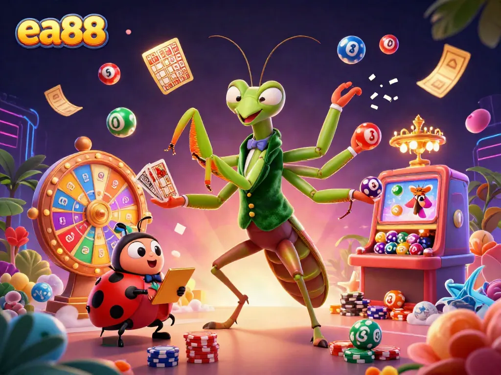 Experience exciting gaming strategies with ea88 as a giant praying mantis card sharp deals winning hands in a vibrant casino scene.