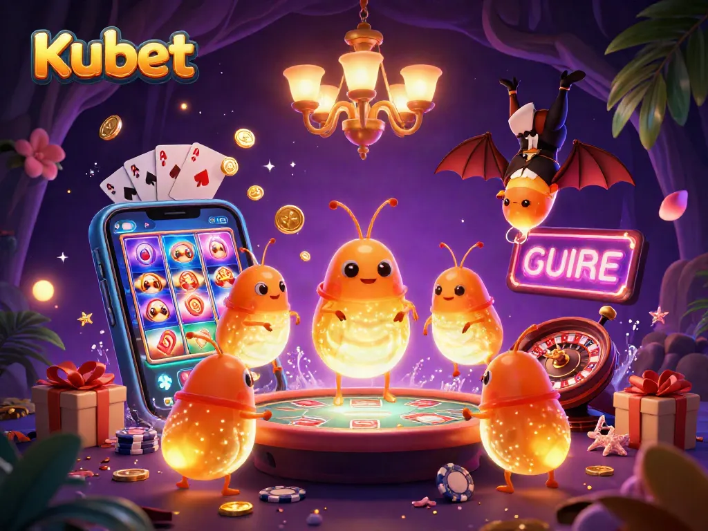 Kubet glowworms illuminate a vibrant casino scene with a bat dealer, showcasing slot action and dynamic game elements.