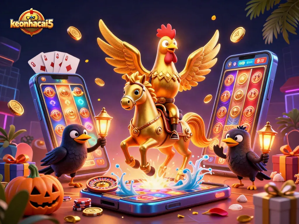 Engage in thrilling gaming at keonhacai5 with a vibrant casino scene featuring exhilarating slot action and dynamic characters.