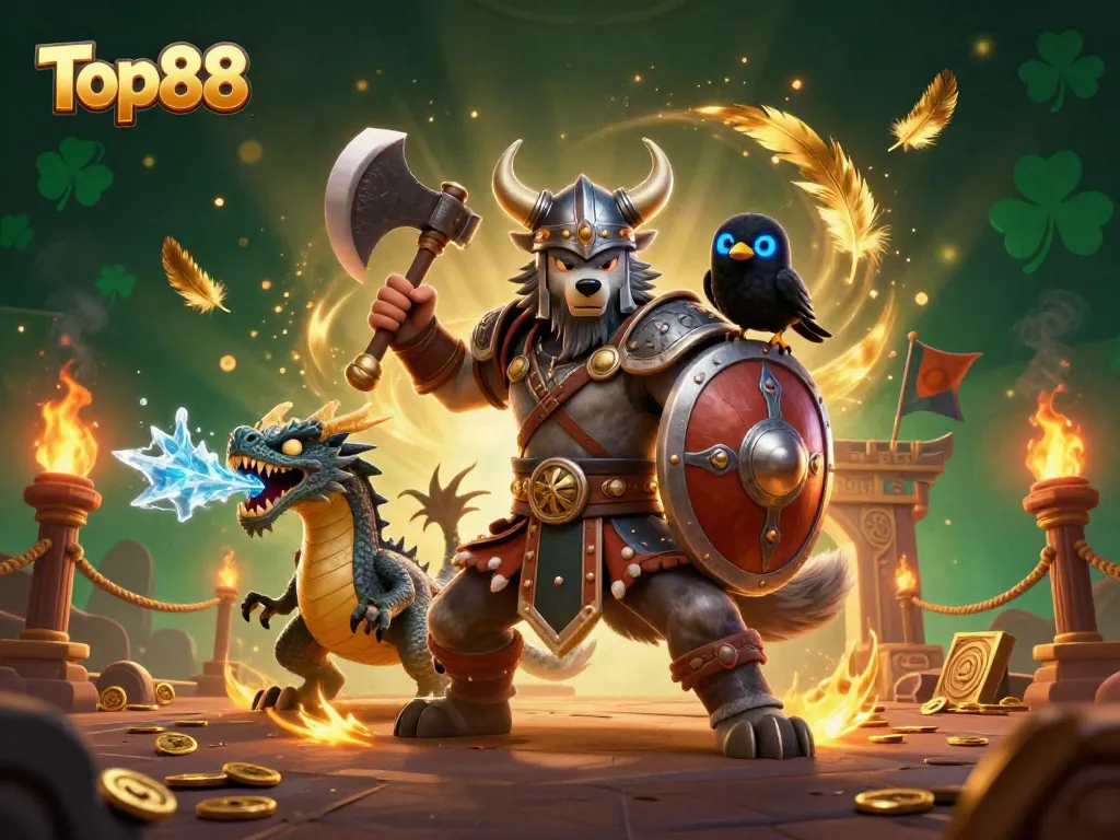 Engage in thrilling gameplay with Top88, featuring Viking wolf warrior and fierce dragon in a casino scene.