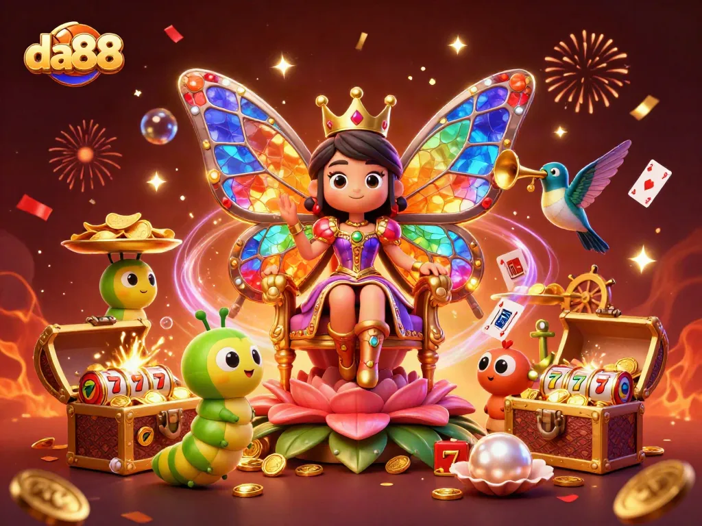 Experience thrilling gaming with da88 in a vibrant 3D casino illustration featuring luck symbols and festive energy.
