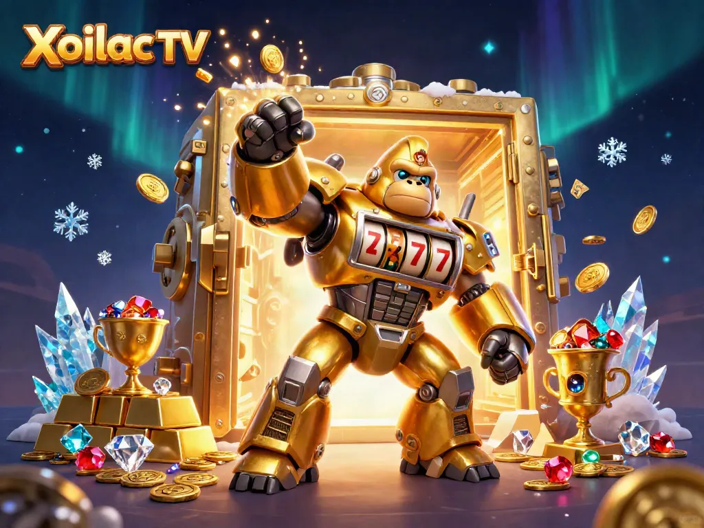 Xoilac TV showcases a thrilling live sports event with vibrant visuals, golden treasures, and dynamic action.