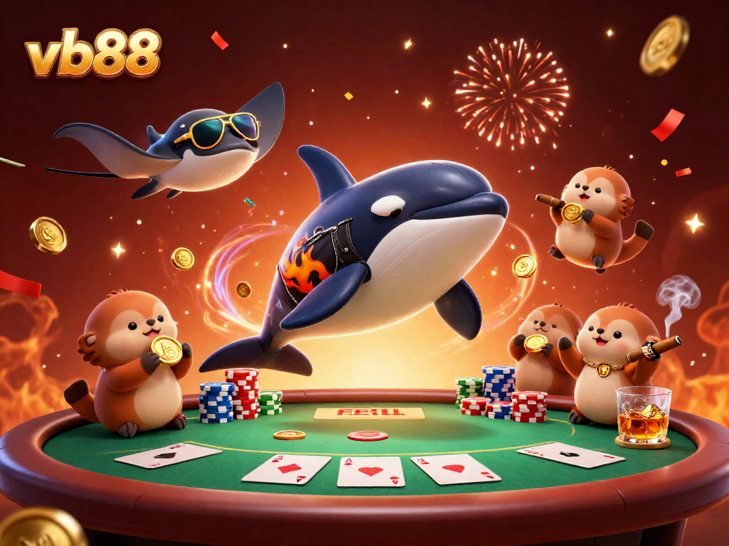 Join the excitement at vb88 with an ultra-detailed casino scene showcasing playful sea creatures.