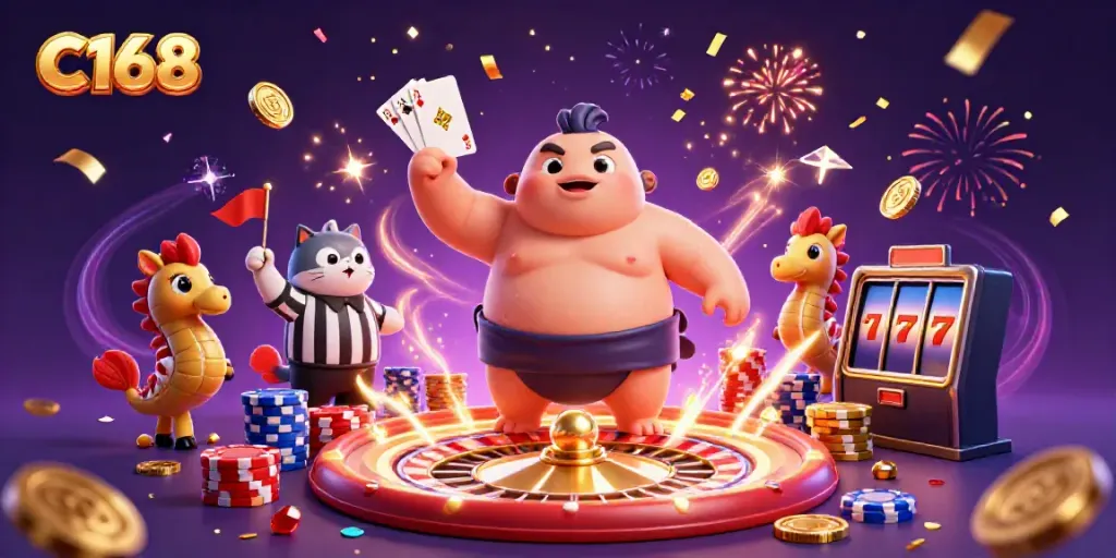 C168 casino illustration featuring a dynamic underwater scene with a fugu fish and casino elements.