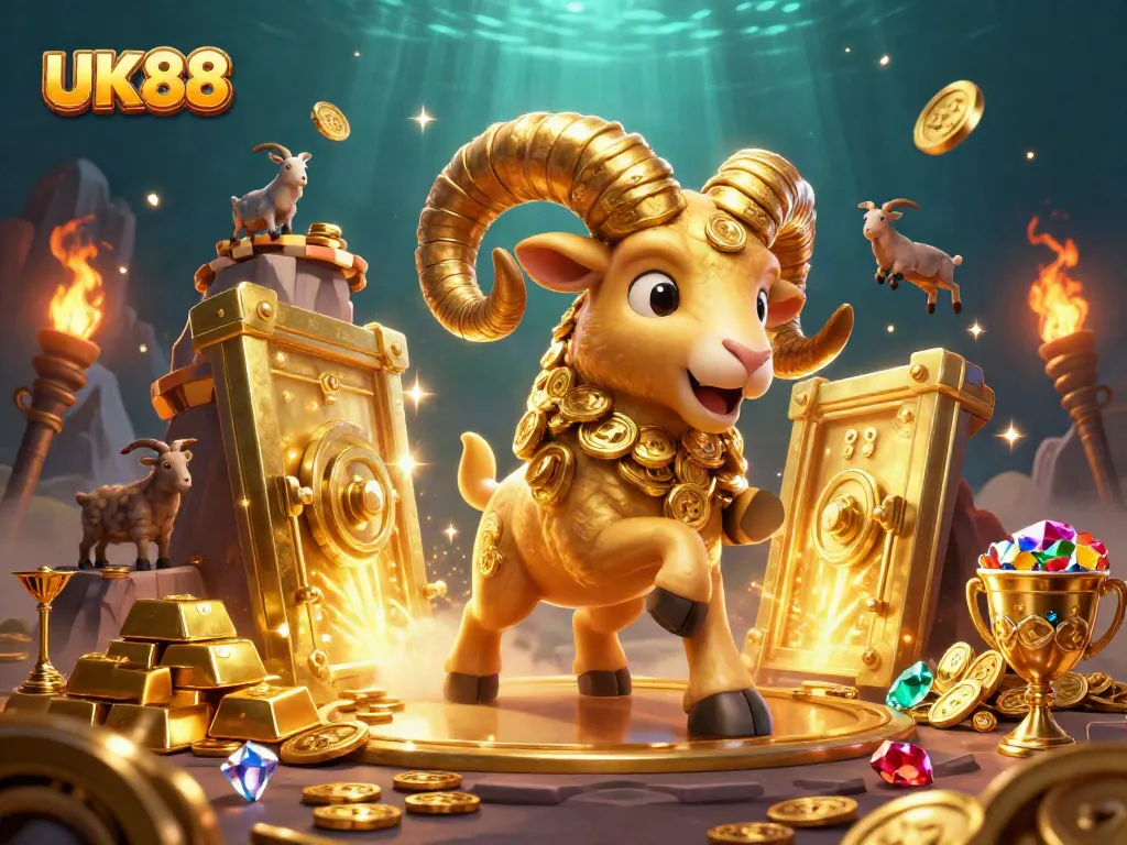 Experience thrilling casino action and excitement with UK88's massive golden ram amidst treasure.