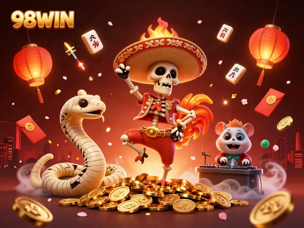 Watch the 98WIN mariachi rooster celebrate victory on a pile of coins, surrounded by colorful casino elements.