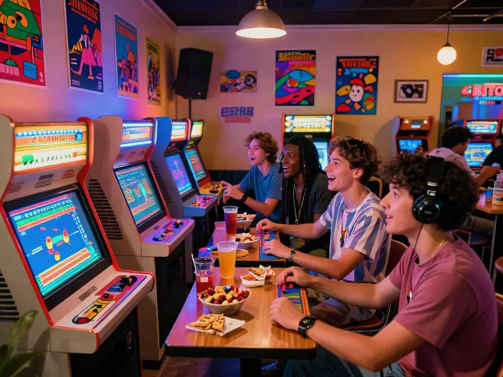 Friends enjoying classic arcade games at PECAH404, surrounded by retro decor and vibrant atmosphere.