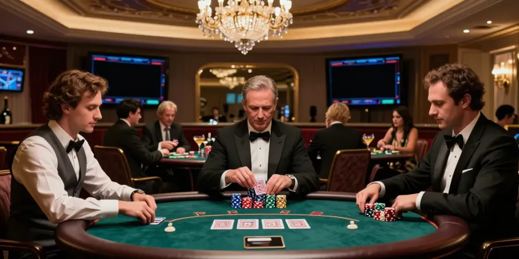 Elegant players enjoying a credit card casino game in a luxurious setting with rich decor.