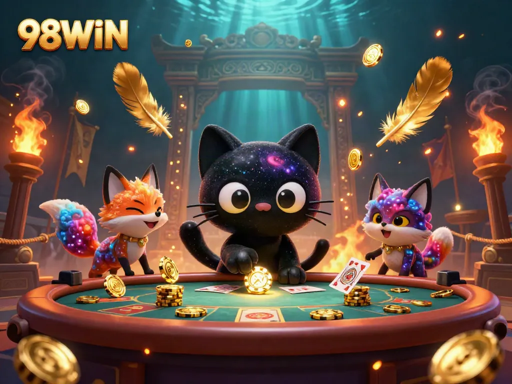 Experience the magic of 98WIN with a cosmic-themed casino scene, highlighting captivating characters and vibrant elements.