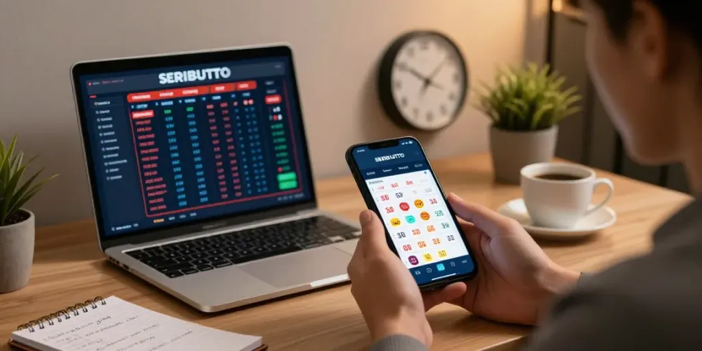 Pengguna SERIBUTOTO mengakses portal togel di smartphone dengan suasana modern dan fokus.