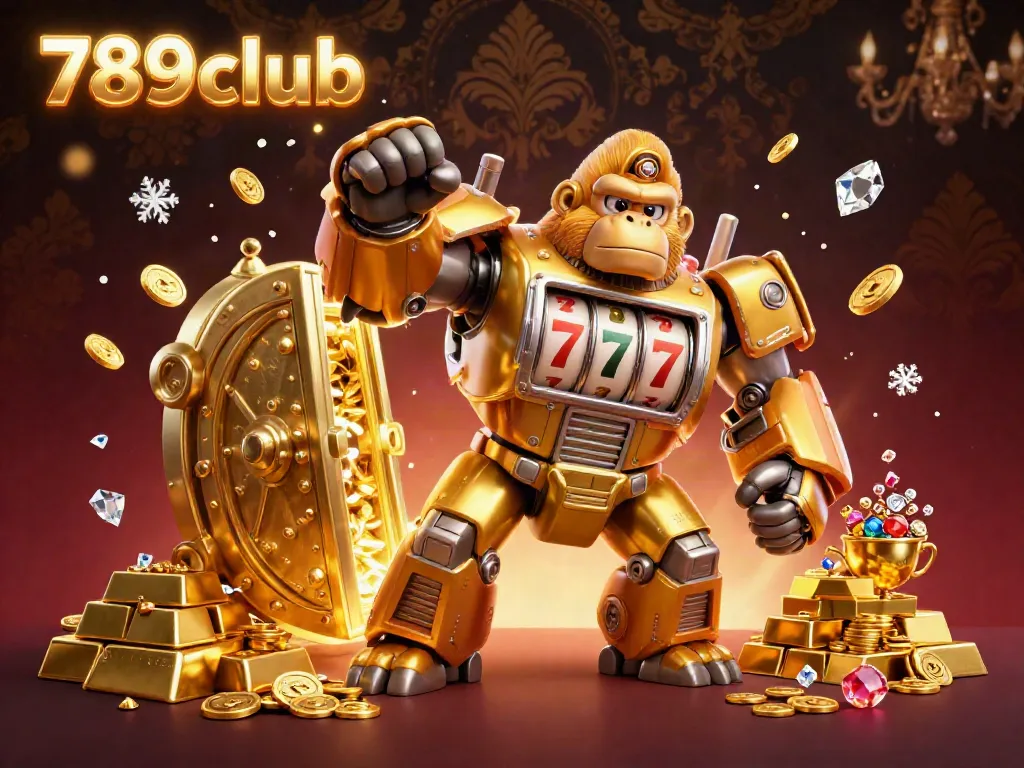 Experience thrilling gaming with the 789club transformer-style mech amidst treasures and dynamic casino elements.
