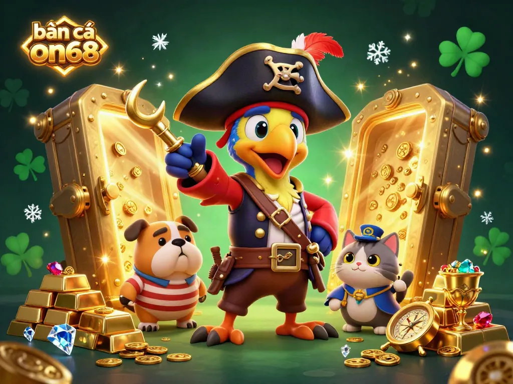 Bắn cá on68 captures a dynamic fishing game scene with a pirate captain and treasure, highlighting excitement and strategy.