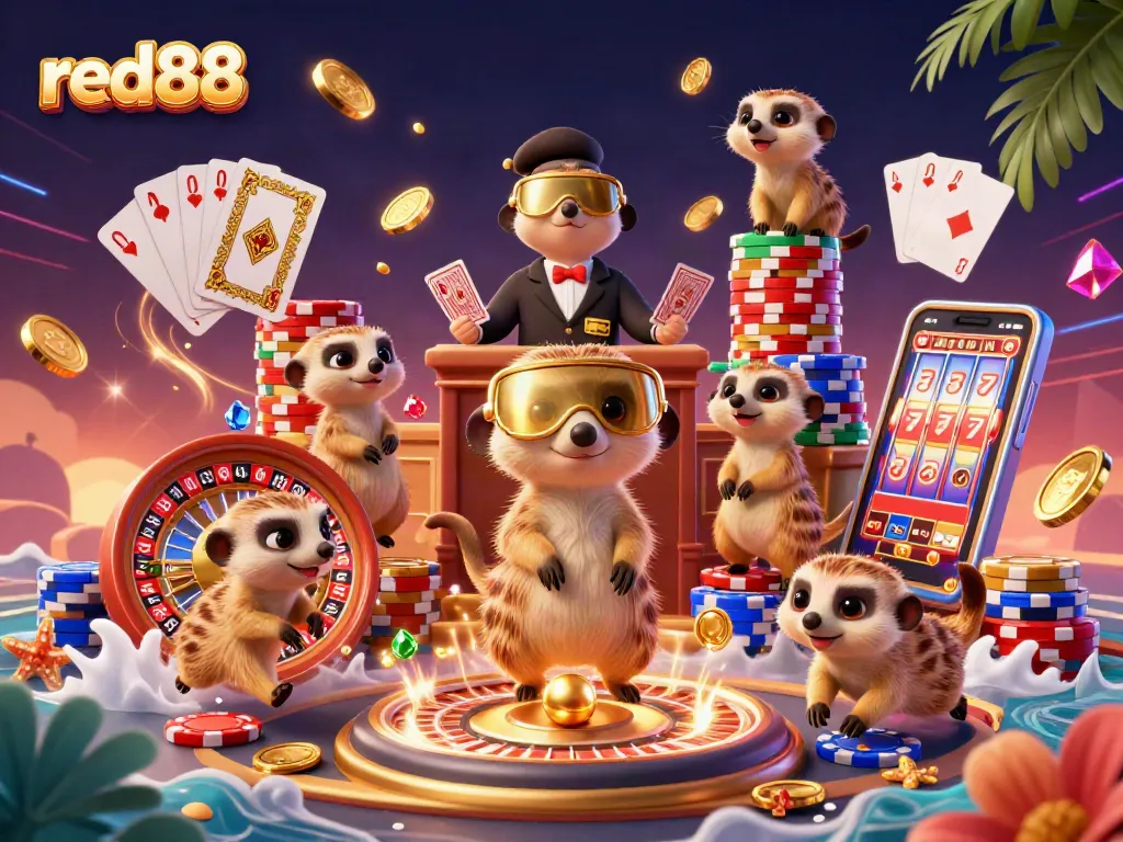 Experience thrilling gaming at red88 with colorful meerkats operating a vibrant casino scene.