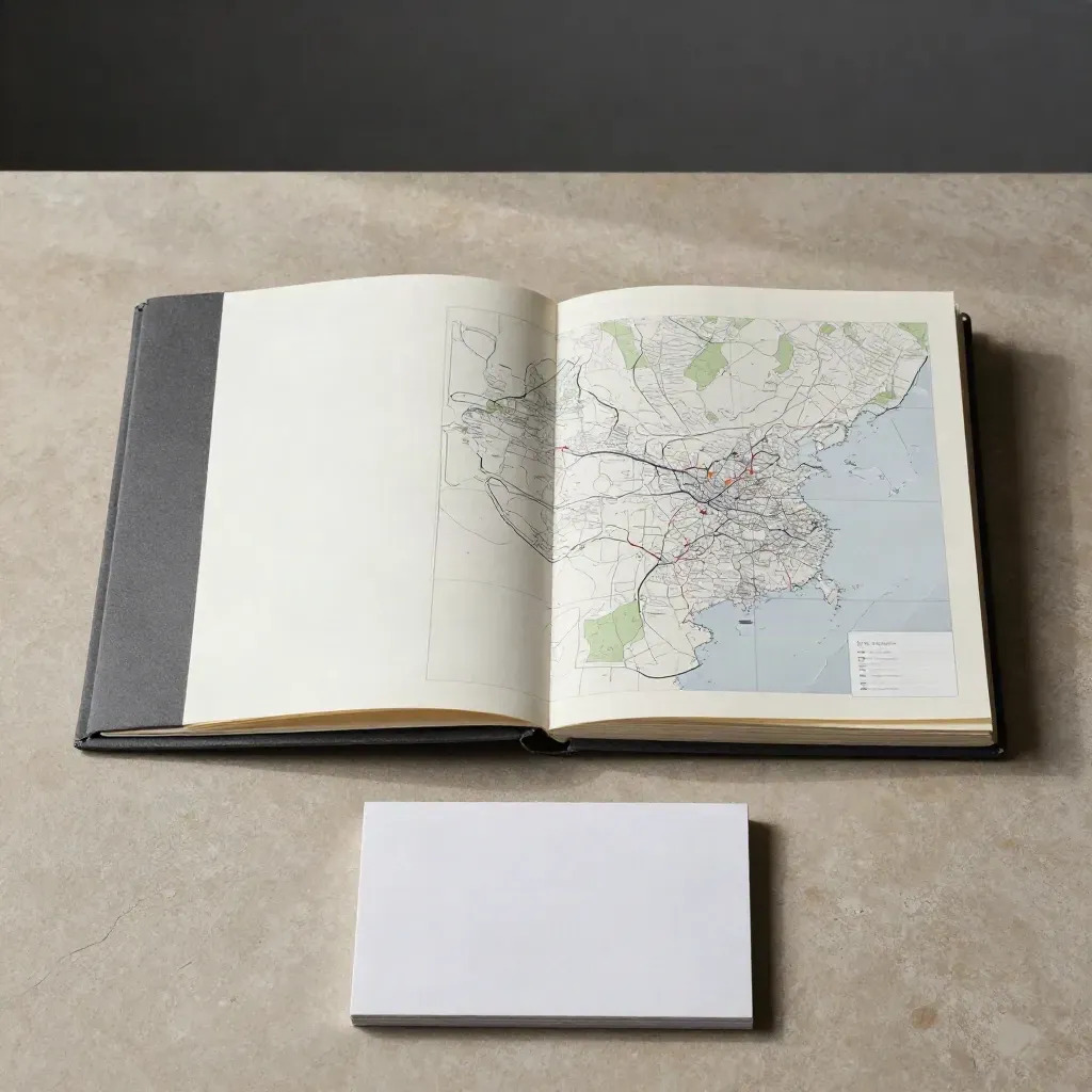 Flat lay workbook mapy trendów na mokrym łupku z grafitową kopertą i kartą.