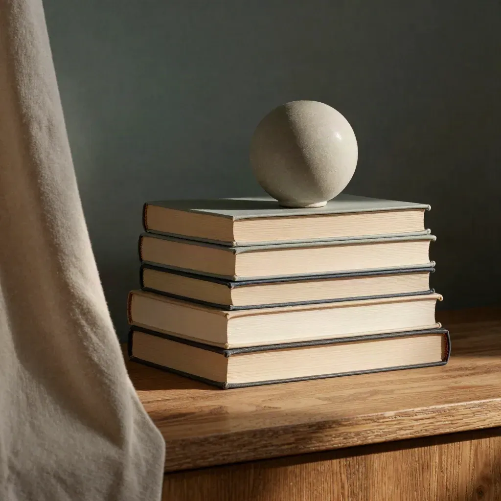 Oakowa półka z książkami, ceramiczną kulą i miękką zasłoną w ciepłym świetle.