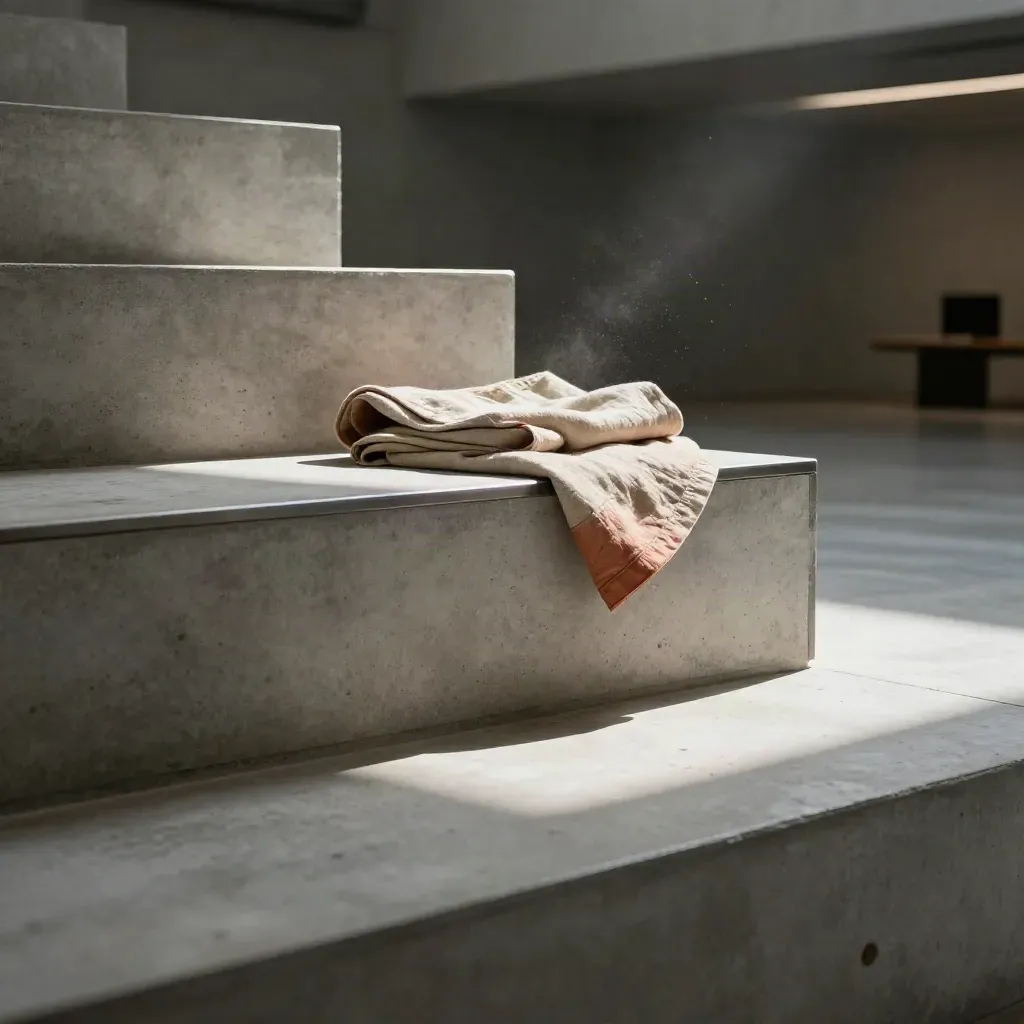 Betonowe schody galerii z tkaniną i metalowym detalem w ciepłym świetle.