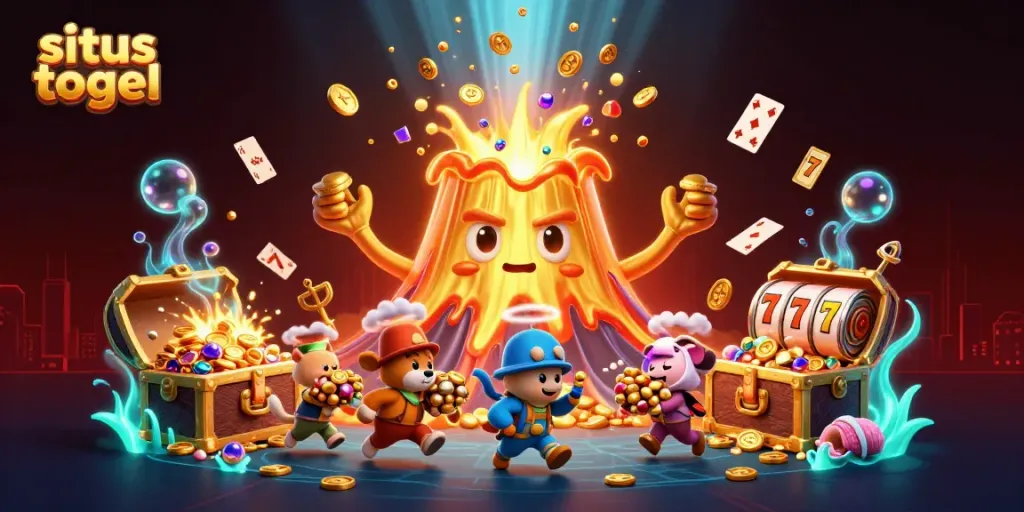 Engaging scene of situs togel with a golden volcano erupting treasure amid lively casino elements.