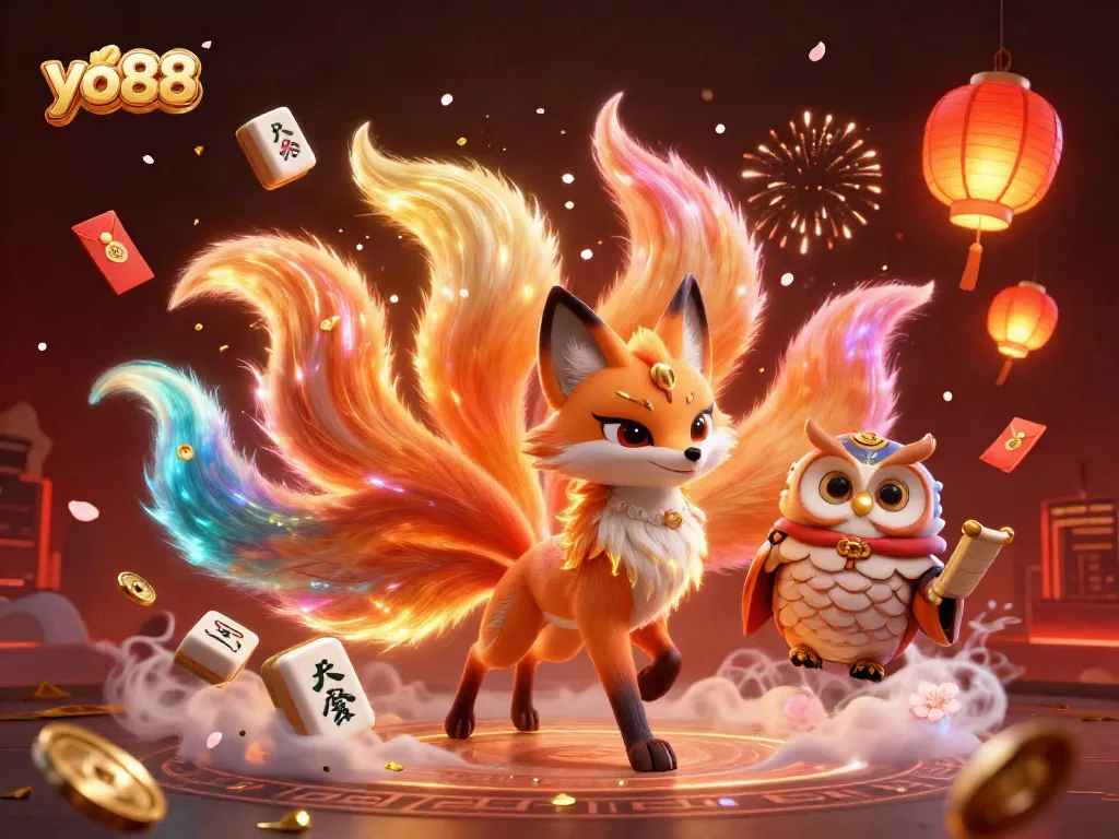Experience winning strategies at yo88 with a vibrant, enchanting casino illustration showcasing a nine-tailed fox spirit and colorful game elements.