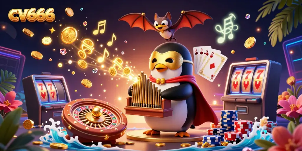 Experience the thrill of cv666 with a dynamic casino scene featuring golden coins, roulette, and a playful penguin.