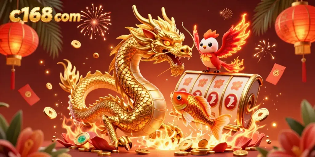 Spin winning jackpots at c168 com with a dynamic dragon and phoenix in a rich casino scene.