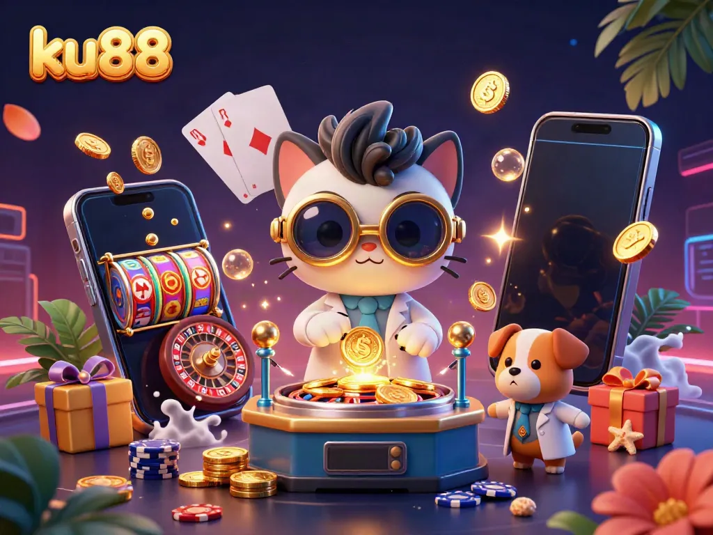 ku88 mad scientist cat and dog creating gold coins amidst colorful casino elements