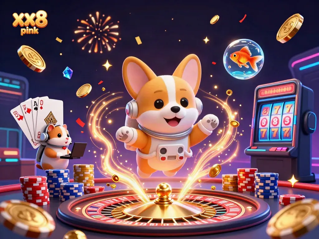 Experience the excitement of xx8 pink with an ultra-detailed 3D casino illustration featuring floating characters and gambling elements.