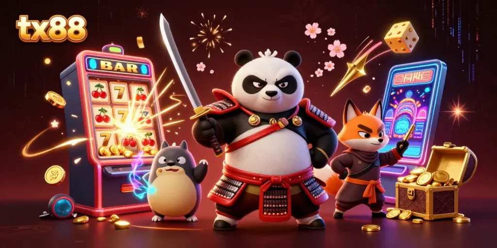 Engage with tx88 gaming excitement as slot machines, samurai panda, and magical spirits burst forth.