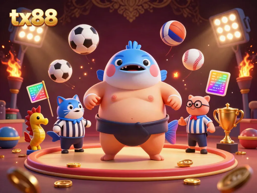 Join the thrilling action at tx88 with a giant fugu showcasing sports mania in a vibrant casino scene.