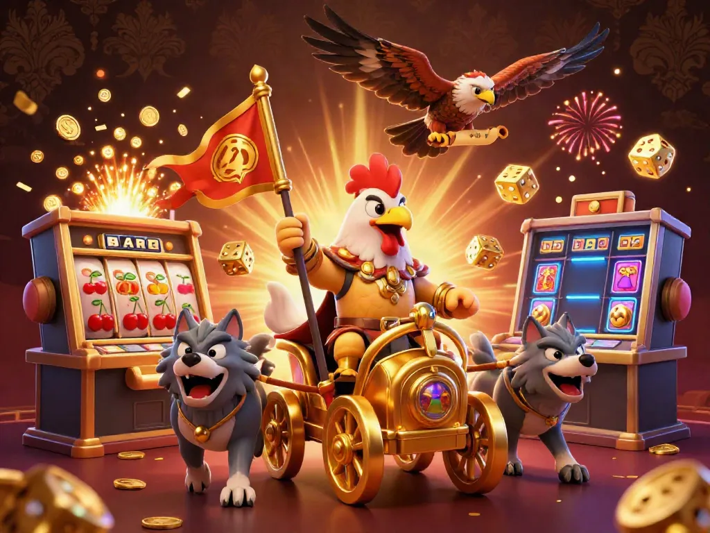 Experience the thrilling action of yo88 with a 3D rooster warlord amid vibrant casino symbols and a jackpot scene.