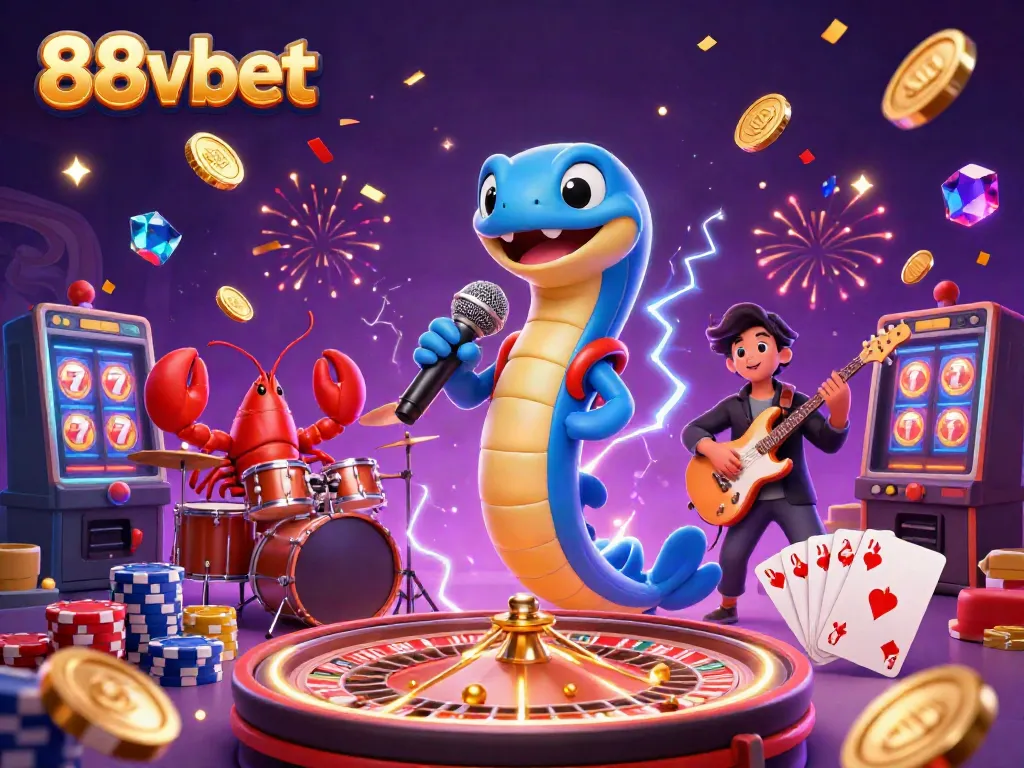 Engage with 88vbet in an electrifying underwater casino scene featuring a DJ electric eel and dynamic gaming elements.