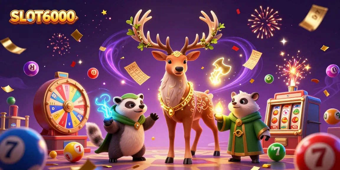 Engage with the excitement of SLOT6000, featuring colorful lottery elements in a vibrant casino scene.