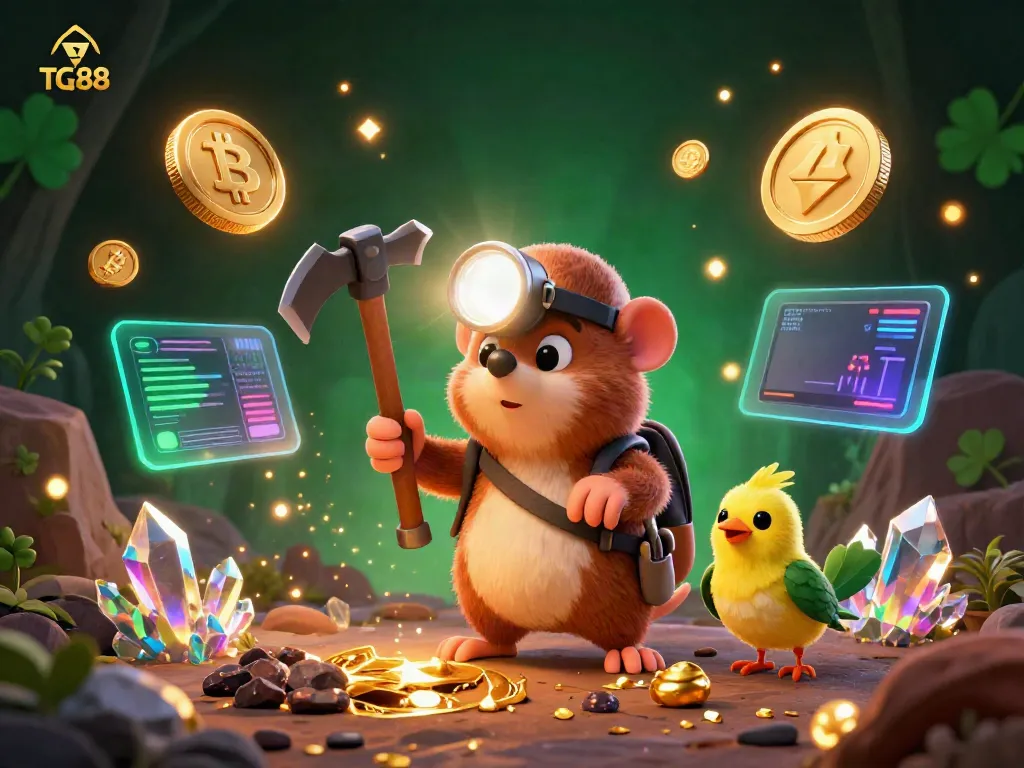 Experience winning with TG88 in this rich casino-inspired illustration, featuring a treasure hunter mole in a vibrant cave.
