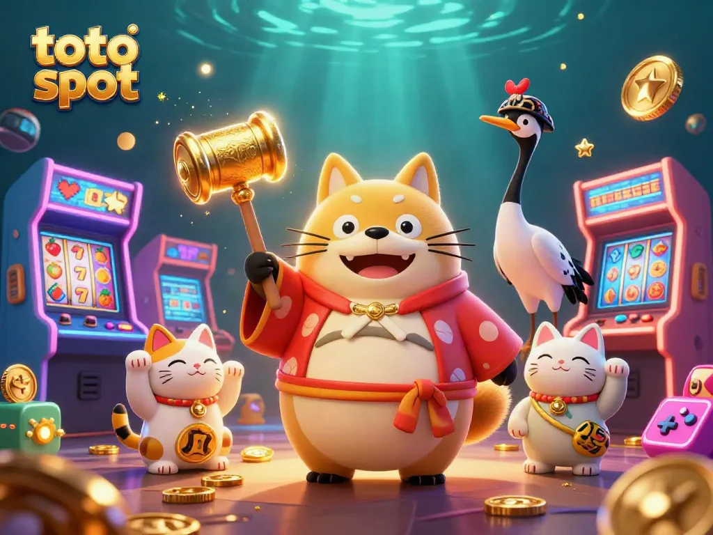 Engage with the vibrant toto slot scene featuring a cheerful tanuki and colorful fortune cats