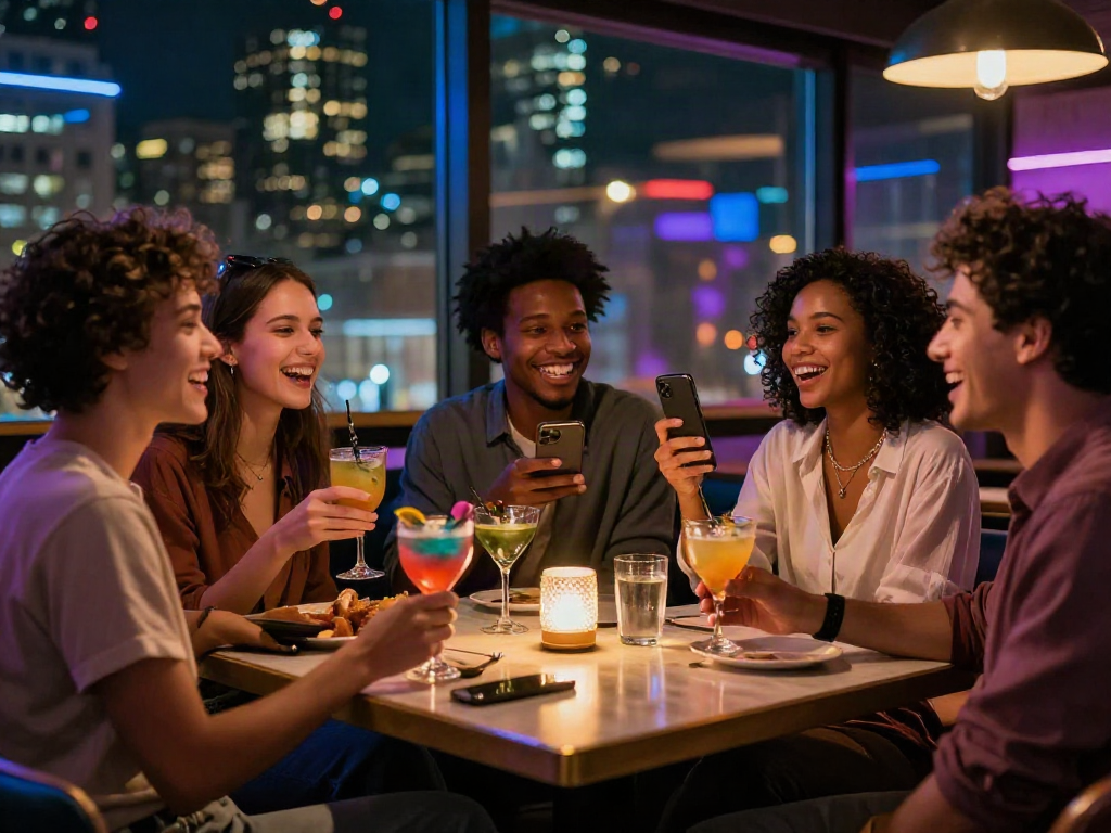 Diverse friends enjoying vibrant nightlife with AI 18+ themes at a trendy bar