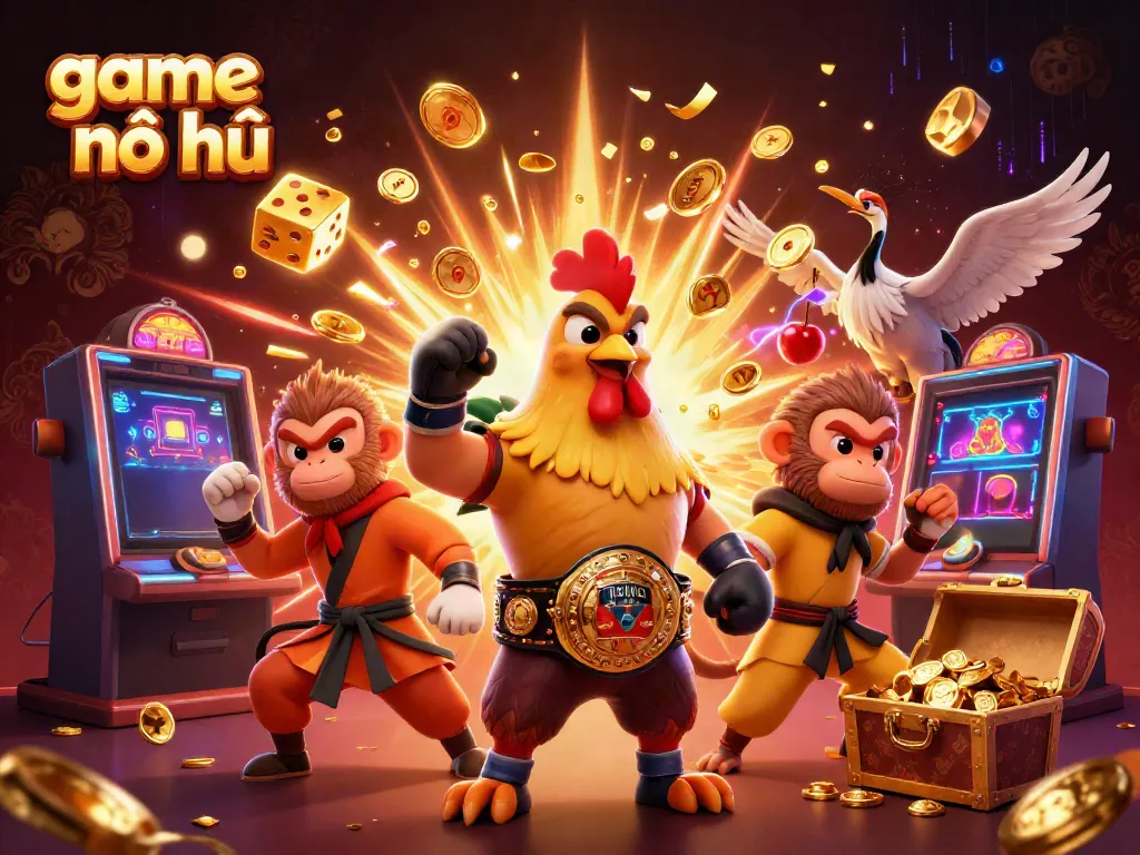 Experience the excitement of game nổ hũ with dynamic characters and vibrant casino elements colliding in a thrilling jackpot scene.